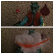 Suddenly, Greedo's chest explodes in a blinding flash of light as HAN SHOOTS FIRST. #starwars #anhwt #toyshelf